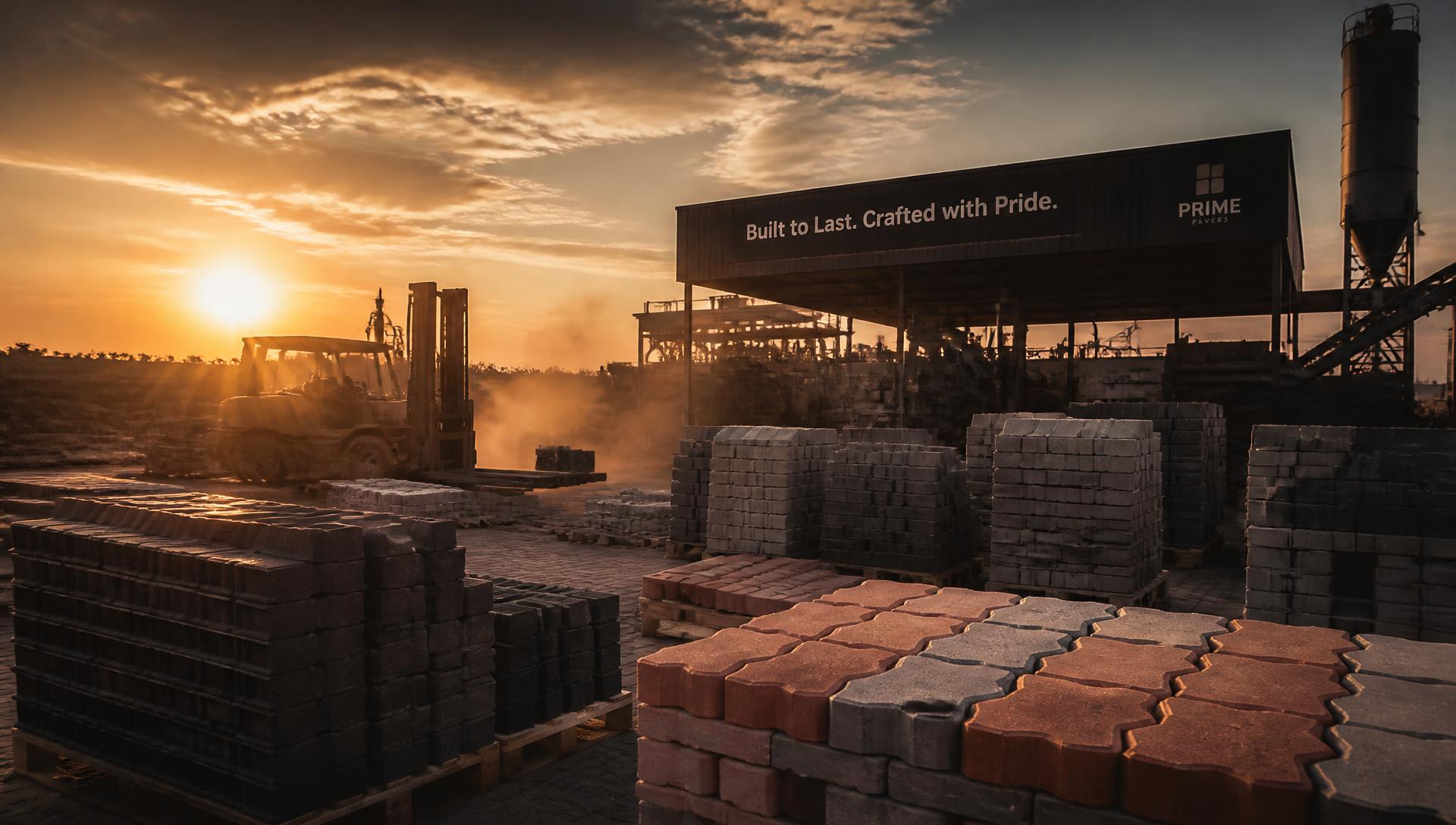 Stacks of concrete paver blocks at the SRI DATTI ENTERPRISES manufacturing yard